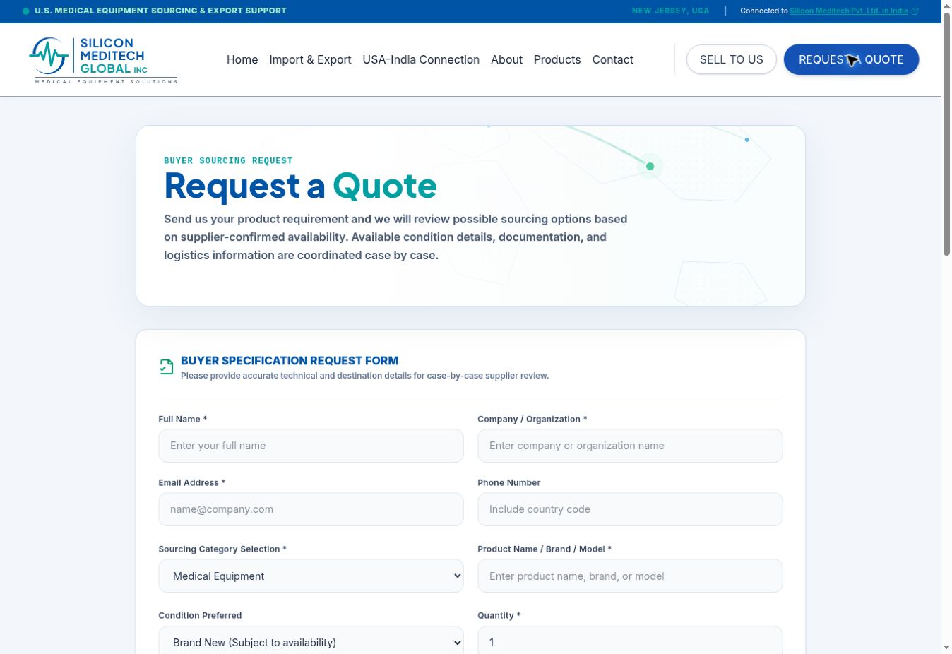 Silicon Meditech quote request webpage